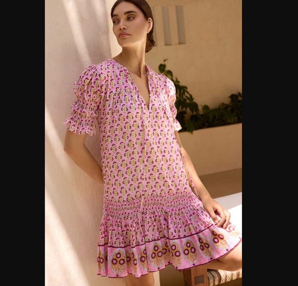 Oliphant Smocked Drop Mini Dress in Riad Rhubarb XL